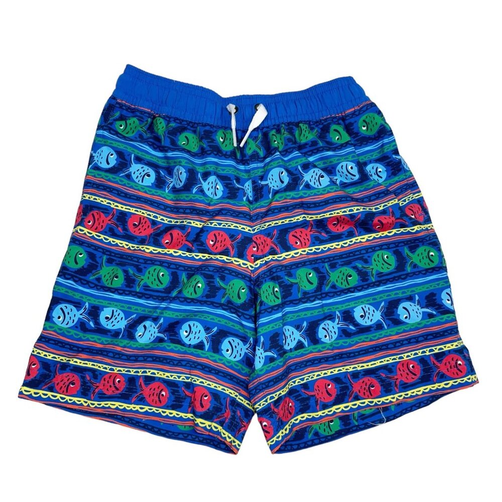 Hanna Andersson Mid-Length Swim Trunks Boys Size 6-7 Fish Print Blue Red Green